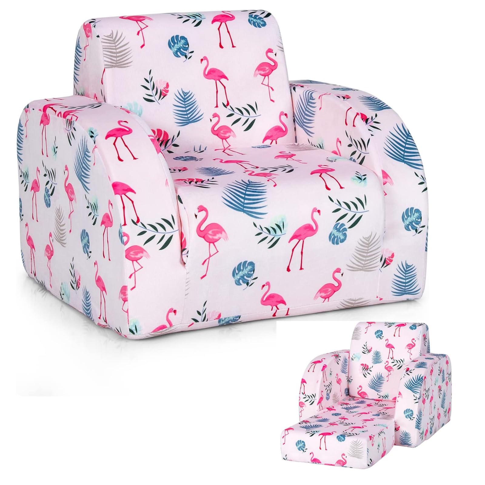 Costzon Kids Couch, 3 In 1 Convertible Flip Open Children'S Sofa W/Foam-Padded Seat, Toddler Armrest Chair Bed For Nap Play Sleep, Fold Out Lounger Kids Sofa, Gift For Children Boys Girls (Flamingo)